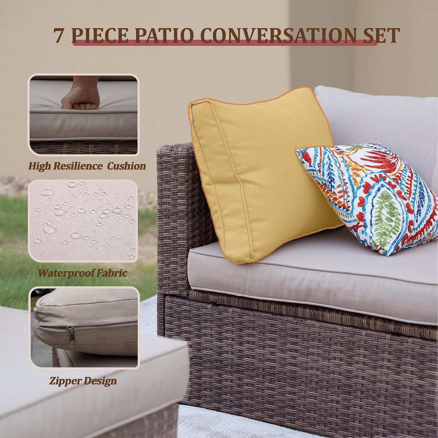 7-Piece Outdoor Patio Furniture Set, All-Weather PE Rattan Sectional Sofa Conversation Set with Glass Coffee Table, Brown Wicker Furniture for Backyard, Spring