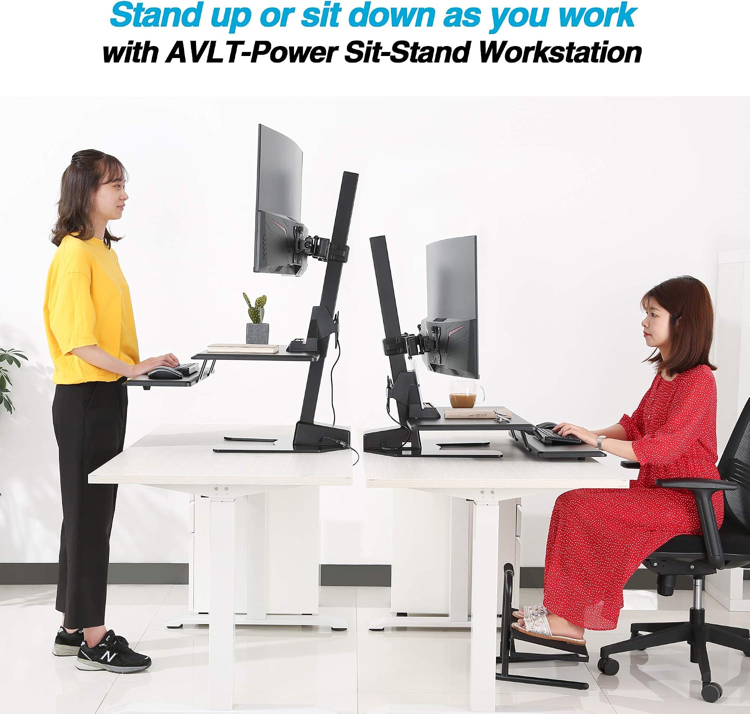 AVLT Electric Standing Desk Converter for Dual 32' Monitors, Motorized Sit to Stand Riser with 28'x16' Tabletop, Large Keyboard Tray, Height Adjustable, Sturdy Base, Small Footprint