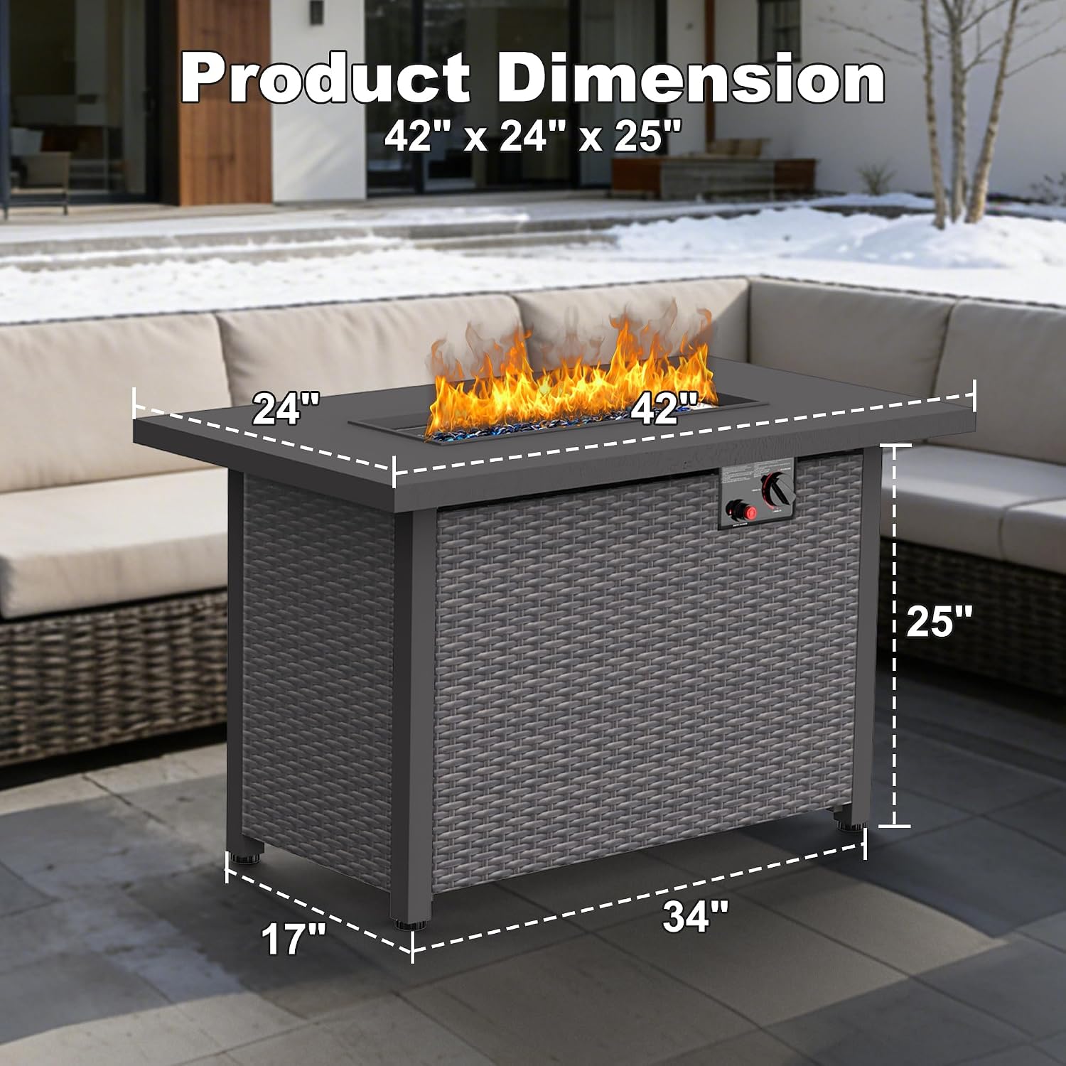 Patio Furniture Set with Fire Pit Table, 6PCS Outdoor Conversation Sets Waterproof Rattan Sectional Sofa with 4' Thickened Cushion Modular Wicker Patio Furniture Set with Glass Top Table (Grey)