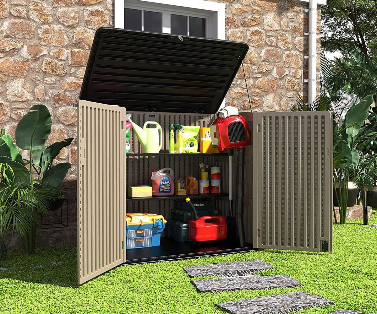 HOMSPARK Storage Shed Weather Resistance, Multi-Purpose Outdoor Storage Cabinet for Backyards and Patios, Horizontal Storage Shed for Lawnmower, Patio Accessories (Brown, X Large - 48 cu.ft)