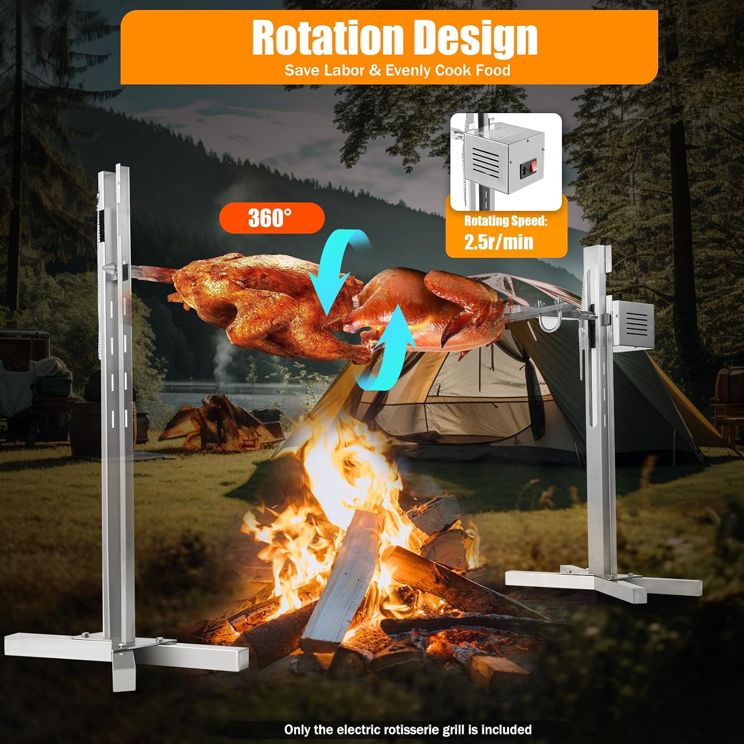 51' Electric Automatic Rotisserie Grill Kit Large Rotisserie Spit Roaster Grill Rod 15W Electric Rotisserie Kit BBQ Grill Kit Heavy Duty for Pig Rotisserie Hog Lamb