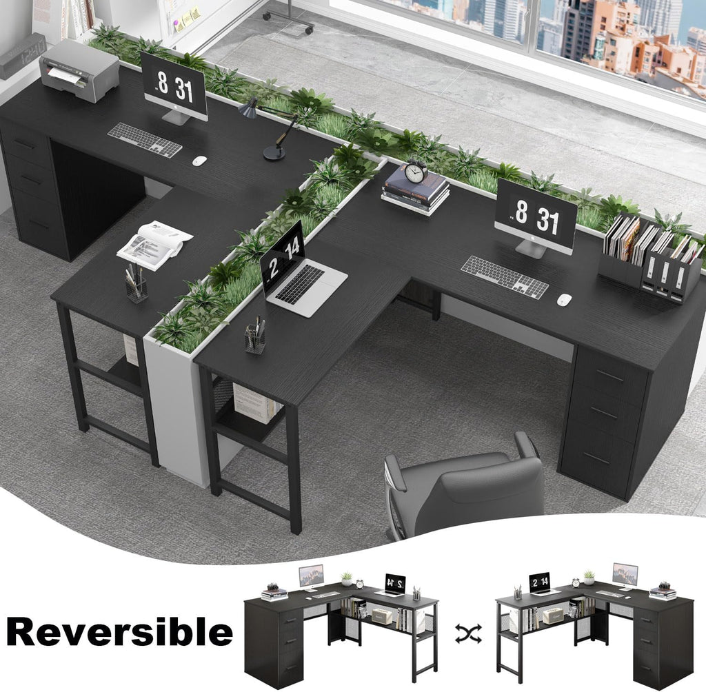 LVB Black L Shaped Desk, Reversible Computer Office Desk with Drawers, Modern Large L Shape Gaming Desk Table with File Cabinets, Wood Executive Corner Desk with Storage Shelf for Bedroom, 59 Inch