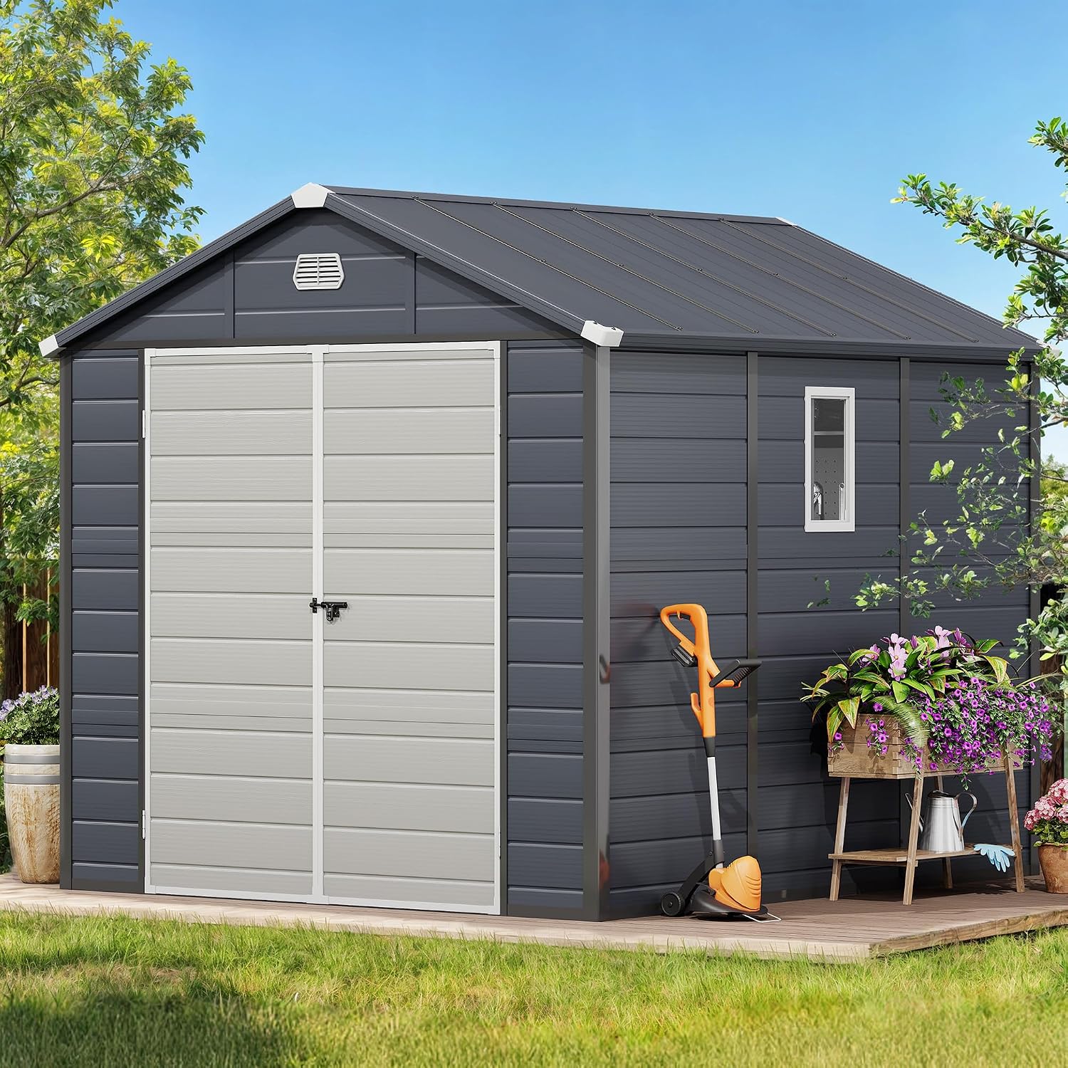 DWVO 8x9FT Outdoor Storage Shed w/o Floor, All-Weather Plastic Shed with Window, Lockable Doors & Vents, Plastic Tool Shed for Backyard Patio Lawn, Gray