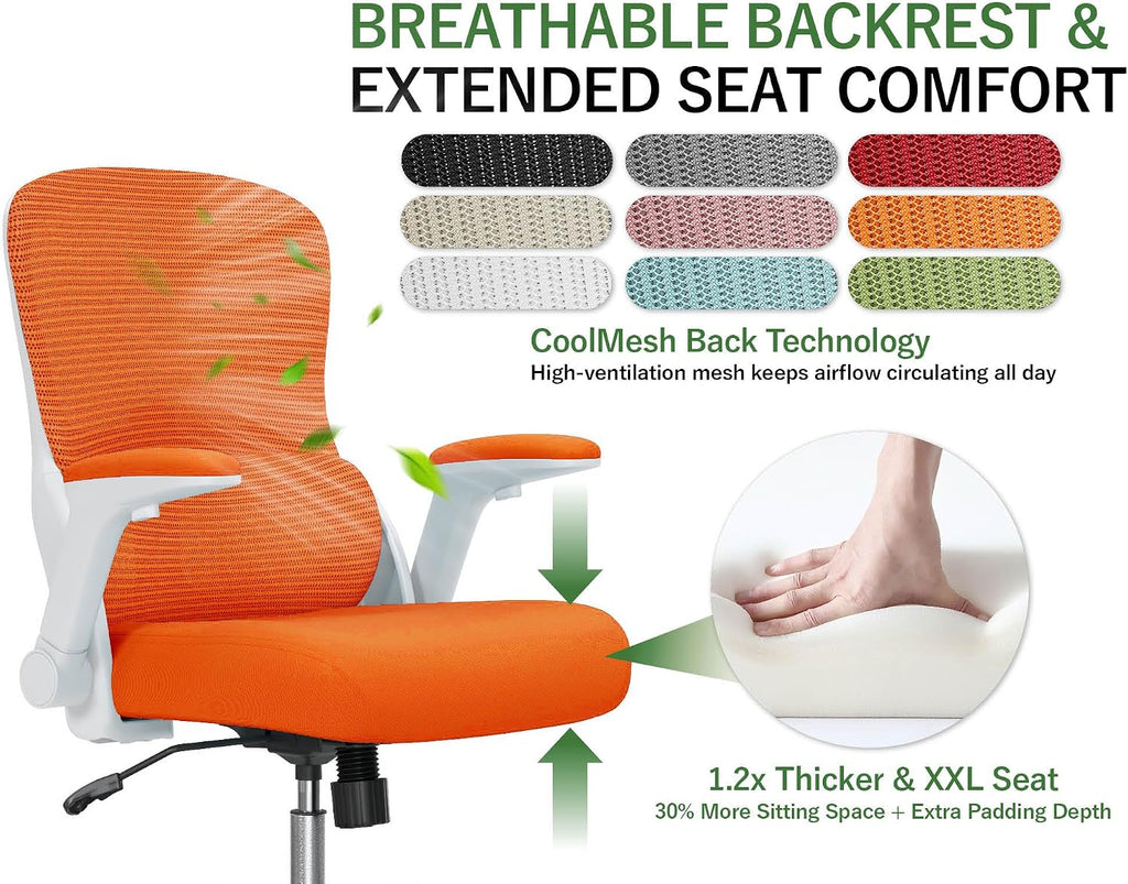 Office Chair Ergonomic Desk Chair Comfy: 400LBS Mesh Computer Chair Ergonomic Gaming Chairs with Wheels Adjustable Lumbar Support and Flip up Armrest-Swivel Executive Chairs Long Hours(Orange)