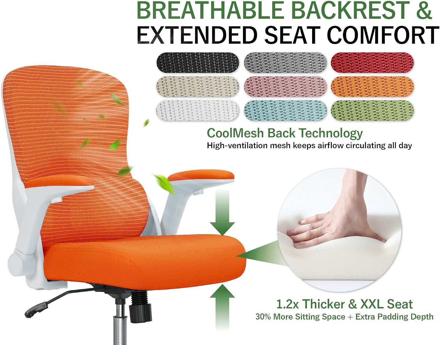 Office Chair Ergonomic Desk Chair Comfy: 400LBS Mesh Computer Chair Ergonomic Gaming Chairs with Wheels Adjustable Lumbar Support and Flip up Armrest-Swivel Executive Chairs Long Hours(Orange)