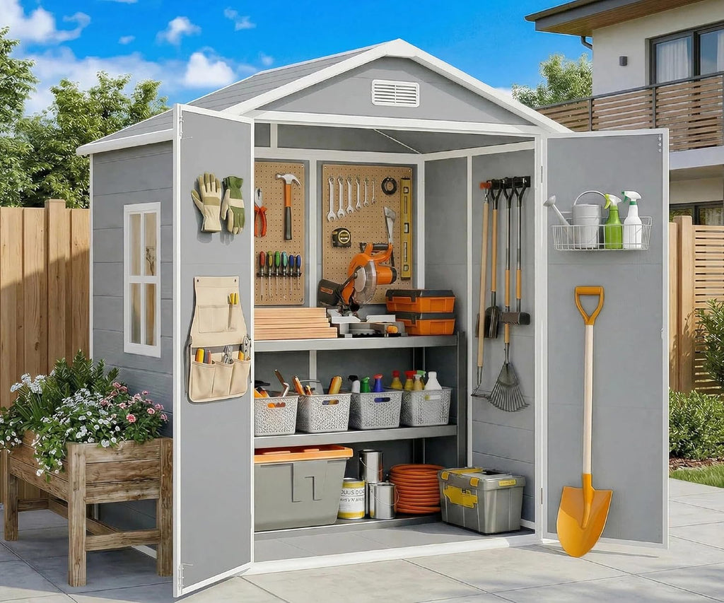 Gizoon 6x4.4 FT Resin Shed with Floor, Plastic Outdoor Storage Shed with Windows, All-Weather Garden Tool Shed with Lockable Doors, Suitable for Backyard & Patio (Grey)