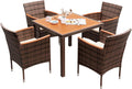Devoko 5 PCS Furniture, Patio Conversation Set with Acacia Wood Top, Rattan Outdoor Dining Table and Chairs for Backyard, Garden, Deck, Brown