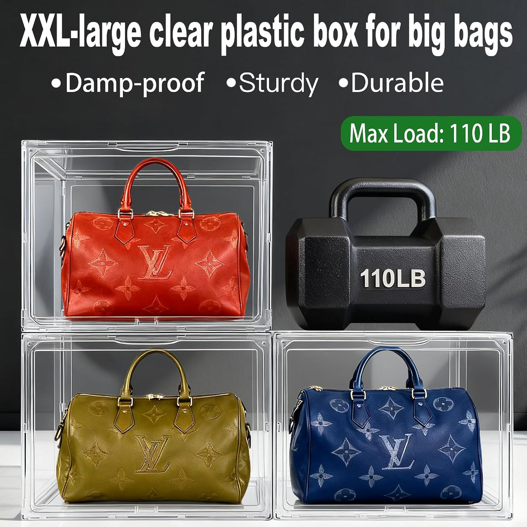 5 Pack XXX-Large Acrylic Purse Organizer for Closet, 17.3''x13''x13 Clear Display Case Bag Handbag Storage Box with Magnetic Lid, Plastic Storage Bins for Helmet, Tall Boots, Large Figure Collectibles