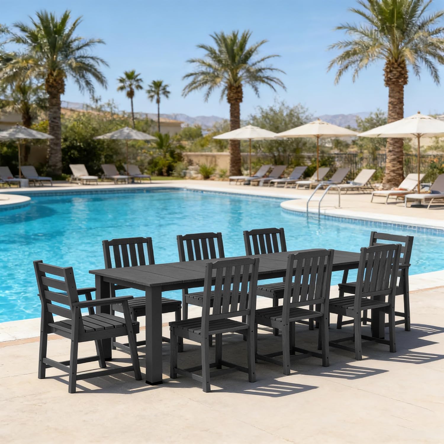 Ayge 9-Piece Outdoor Dining Set – HDPE Patio Furniture for 8 with 2' Hole Cut-Out Table & 8 Chairs, Perfect for Pool, Patio, Garden, Black