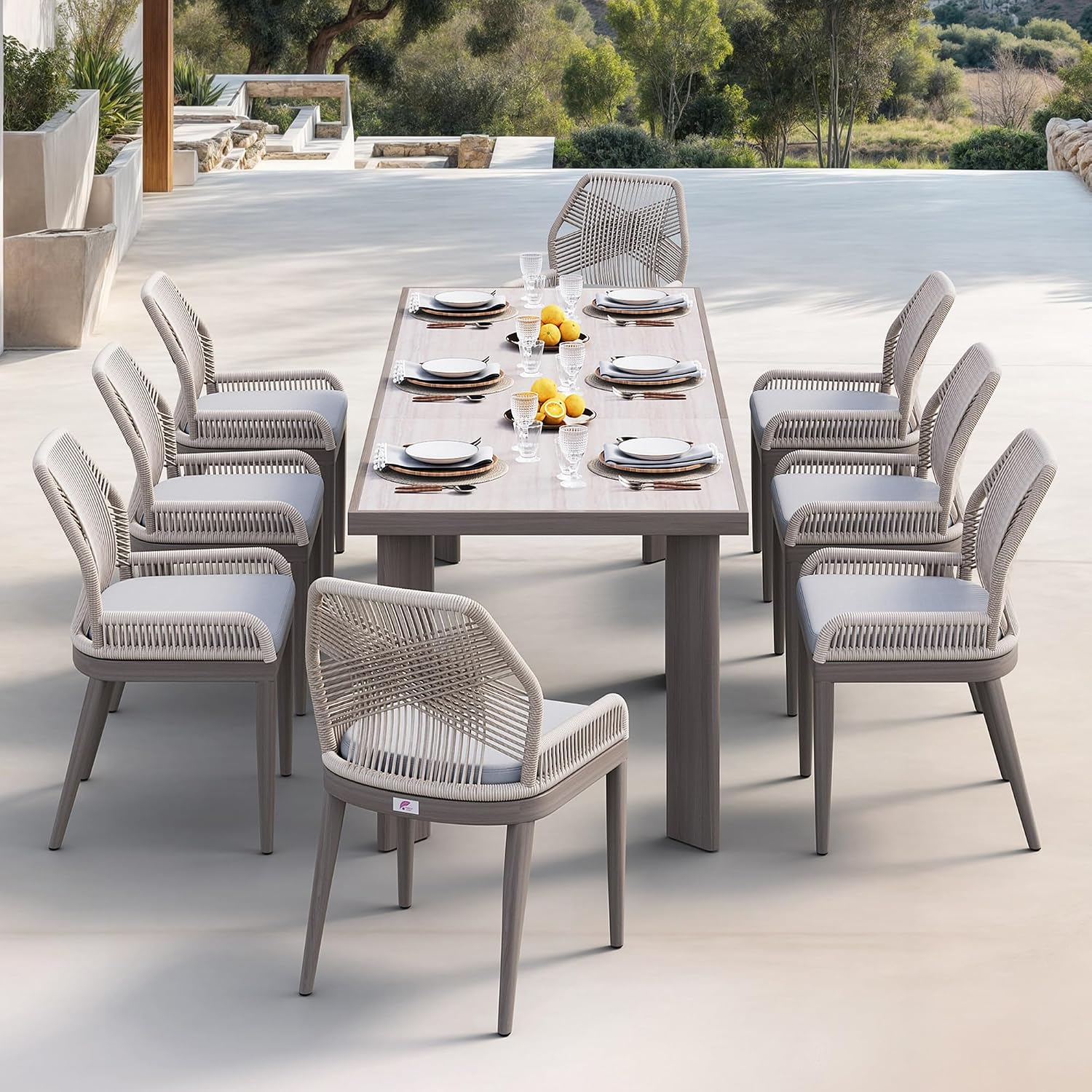 PURPLE LEAF 9 Pieces Patio Dining Set Aluminum Rectangular Table and Wicker Chairs with Cushions for Kitchen Porch Garden Modern Outdoor Furniture Sets, Light Grey