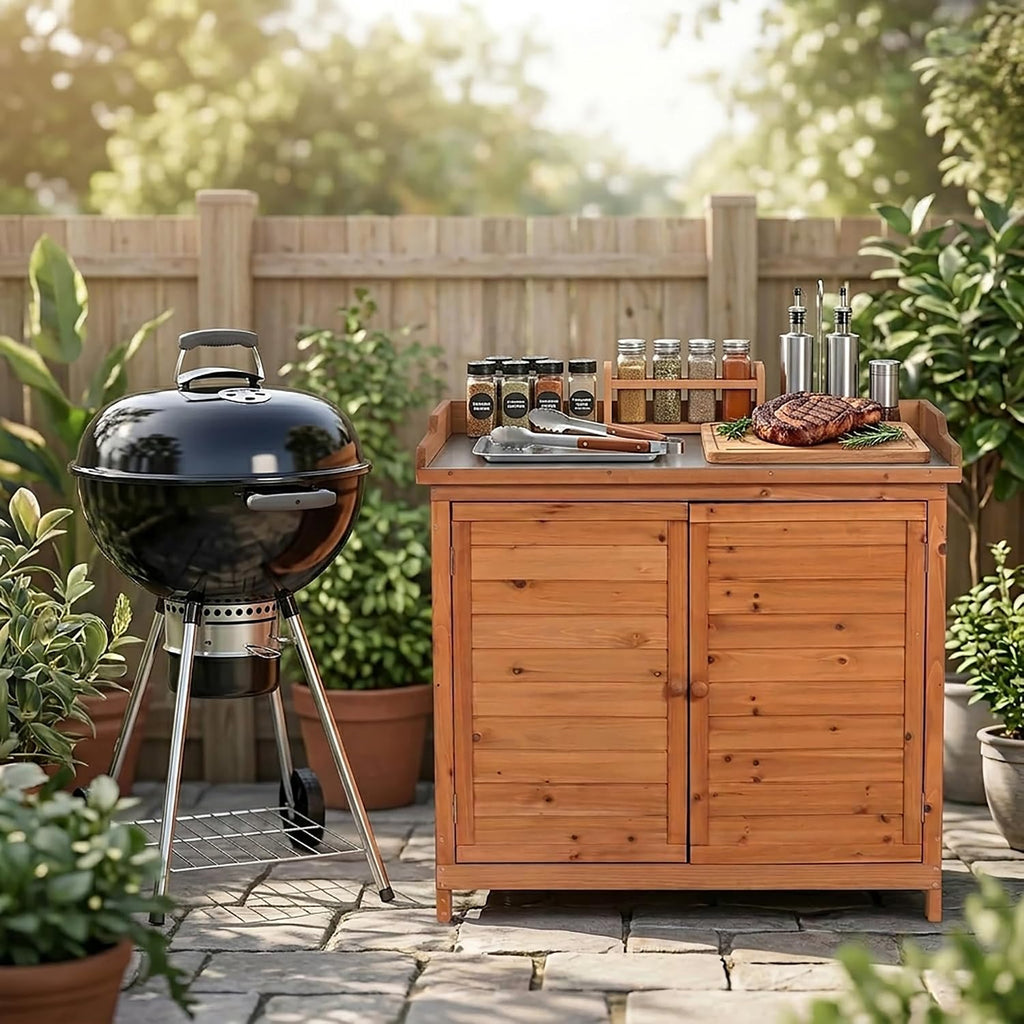 Outdoor Garden Patio Wooden Storage Cabinet Furniture Waterproof Tool Shed with Potting Benches Outdoor Work Station Table (Natural)