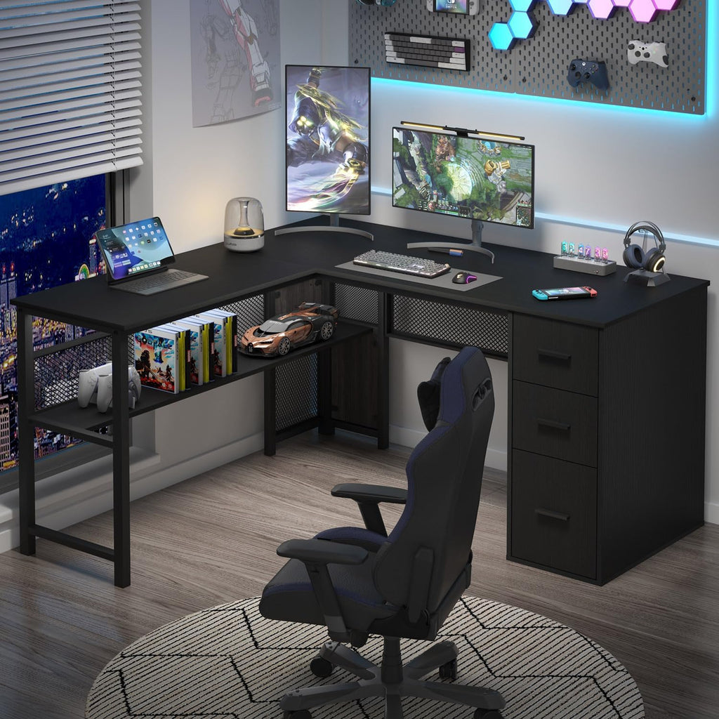 LVB Black L Shaped Desk, Reversible Computer Office Desk with Drawers, Modern Large L Shape Gaming Desk Table with File Cabinets, Wood Executive Corner Desk with Storage Shelf for Bedroom, 59 Inch