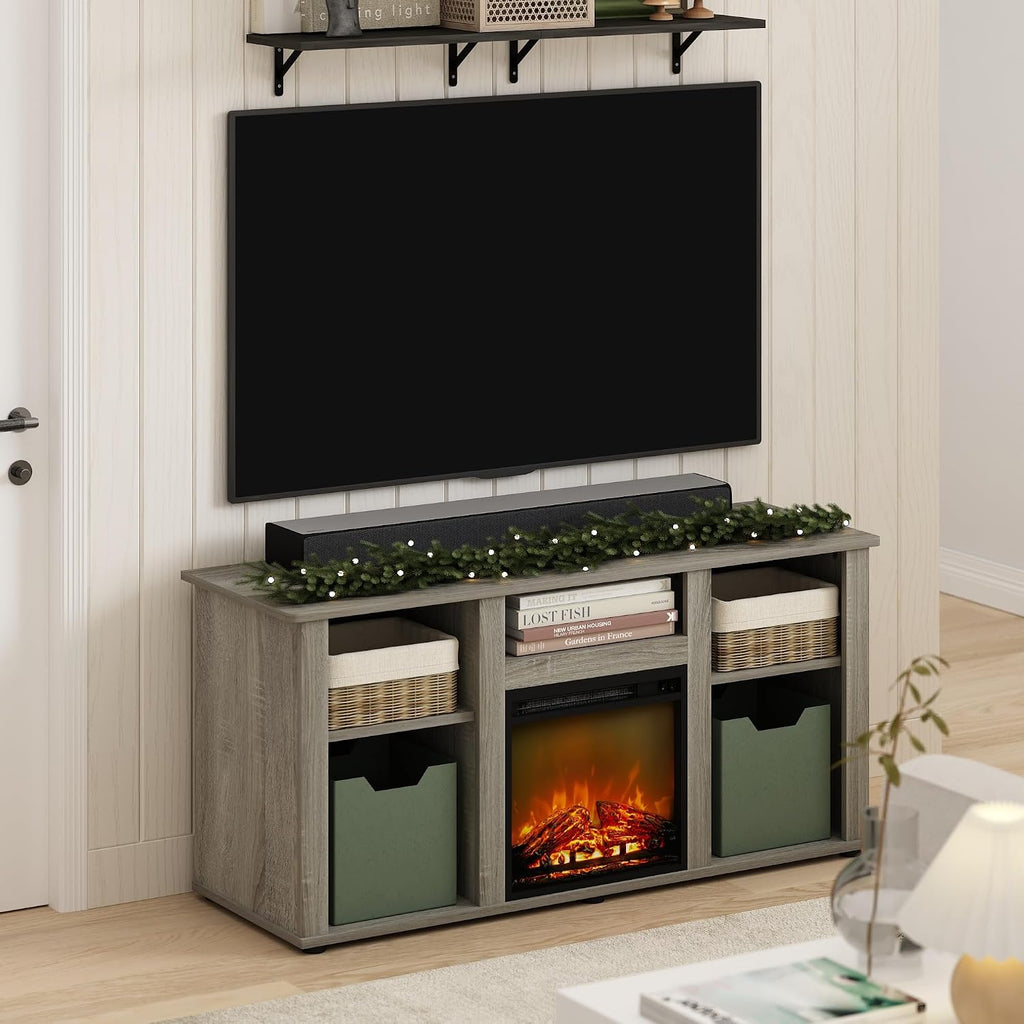 Furinno Jensen Fireplace TV Stand, Entertainment Center, TV Console for TV up to 55 Inch with Fireplace and Open Storage Compartment, for Living Room, Bedroom, French Oak Grey