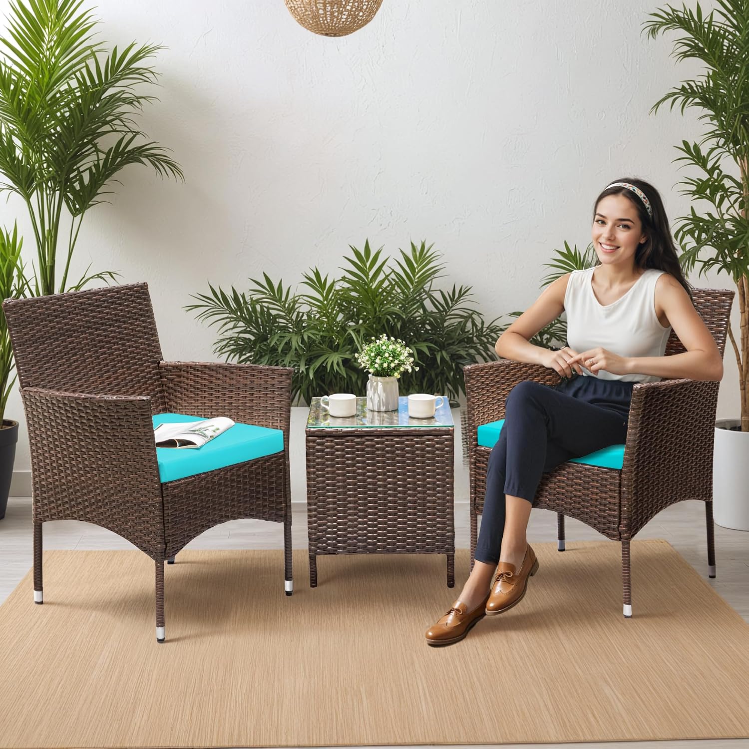 Greesum 3 Pieces Patio Dining PE Rattan Wicker Chair Furniture Set with Cushion and Glass Coffee Table for Outdoor Garden Backyard Poolside, Brown and Blue