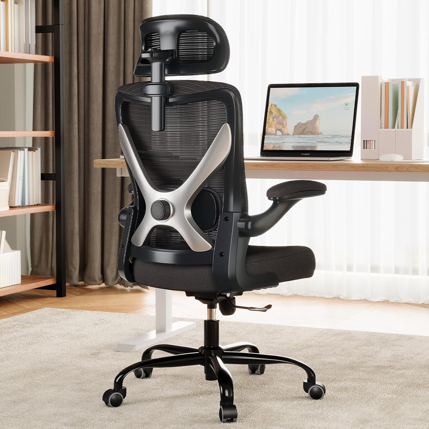 Ergonomic Office Chair - X-Shaped Computer Desk Chair Comfy, Gaming Chair, Office Chair with Lumbar Support, Mesh Office Chairs with Headrests, Desk Chair for Long Hours, Black Silver, Pack of 4