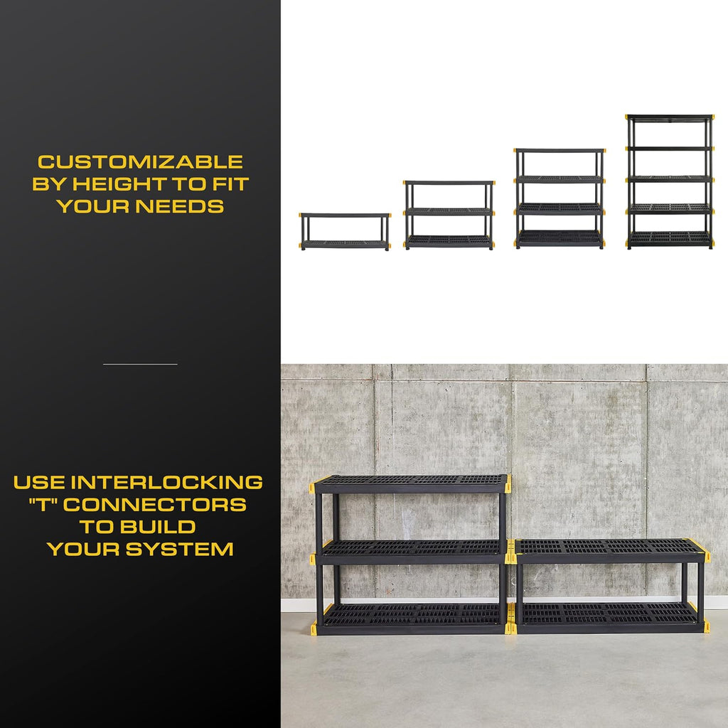 CX Black & Yellow, 5-Tier Heavy Duty Plastic Storage Shelves that Support up to 200lbs/shelf, Organization and Storage, Weather-Resistant Design, Easy Assembly (72'H x 48'W x 20'D)