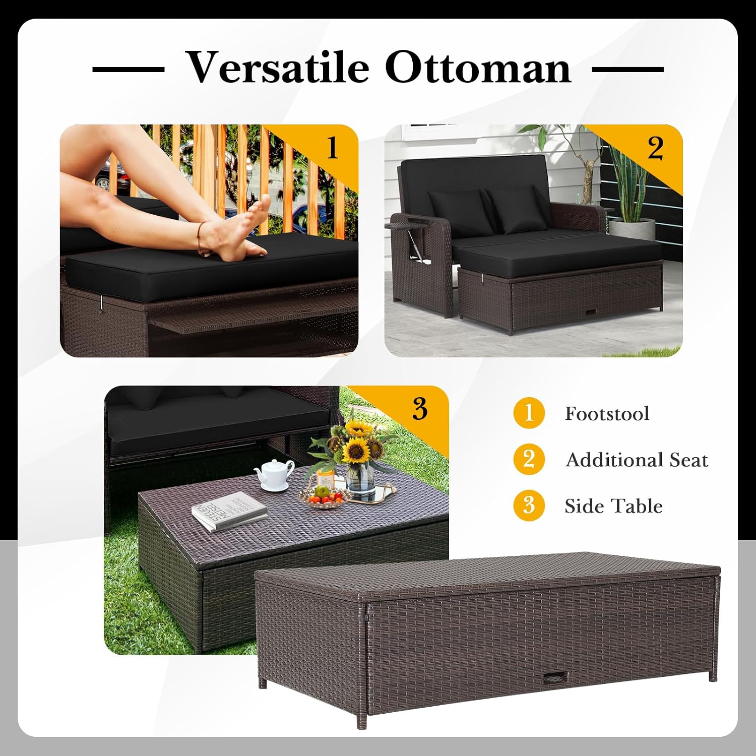 Tangkula Patio Rattan Daybed with 4-Level Adjustable Backrest, Outdoor PE Wicker Loveseat with Storage Ottoman & Folding Side Tray, Double Sunbed Lounger for Balcony, Backyard & Poolside, Black