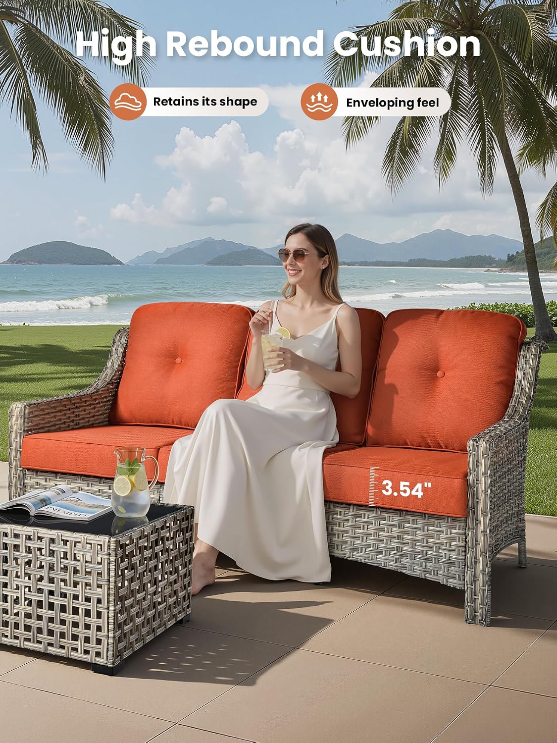 ovios 5 Piece Outdoor Patio Furniture with 3 Seat Sofa,Rattan Wicker Coversation Set with Swivel Rocking Chair,Balcony Sofa Set with Shiny Table for Outside Porch Backyard Pool, Orange