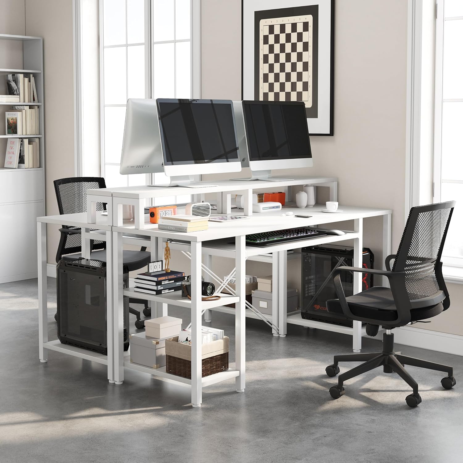 VERMESS 48 Inch Computer Desk, Home Office White With Keyboard Tray, Gaming With Full Monitor Stand, Storage Shelves & CPU Stand, Modern Study Writing Table Studio Work With Shelf