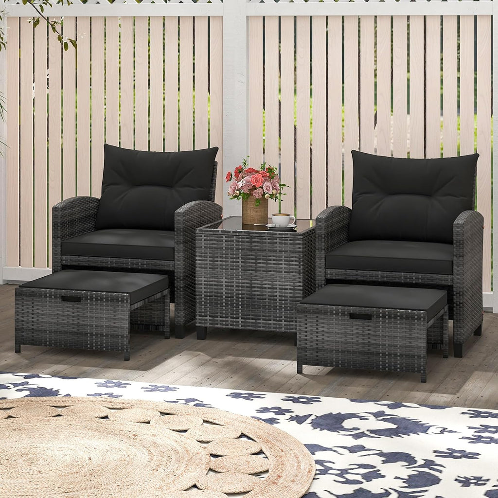 ORALNER 5 Pieces Patio Furniture Set with Ottoman, Wicker Conversation Set w/Cushions, Glass Coffee Table, Outdoor Lounger Rattan Chairs Bistro Set for Porch Balcony Garden Deck Poolside (Black)