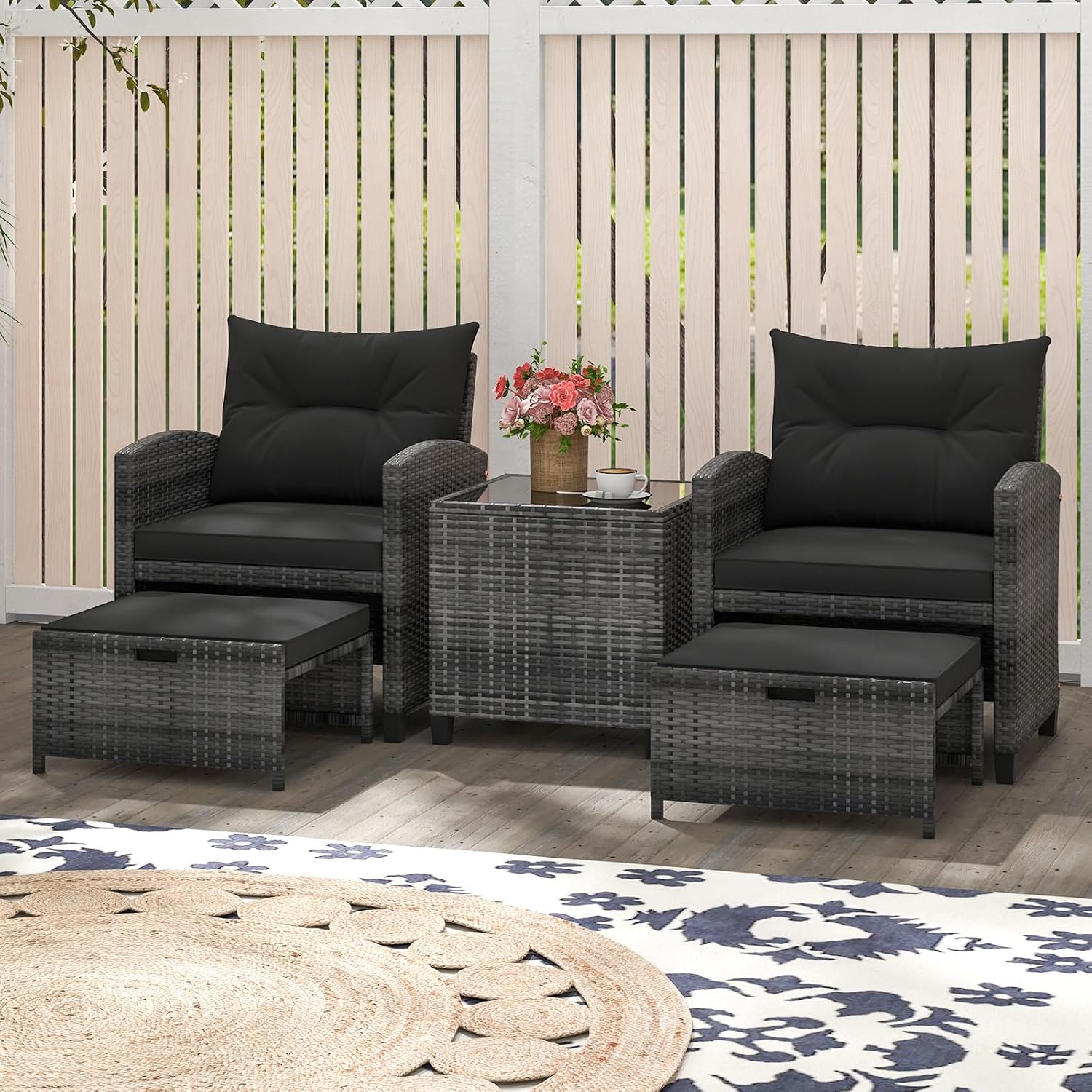 ORALNER 5 Pieces Patio Furniture Set with Ottoman, Wicker Conversation Set w/Cushions, Glass Coffee Table, Outdoor Lounger Rattan Chairs Bistro Set for Porch Balcony Garden Deck Poolside (Black)