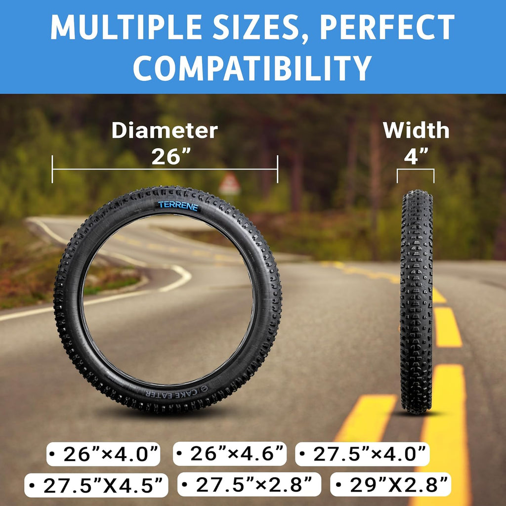 Fat Bike Tire by Terrene - Cake Eater Tubeless, Stud Capable, Fast Rolling Fat Tire - All Season Bike Accessories for Fat Tire and E-Bikes