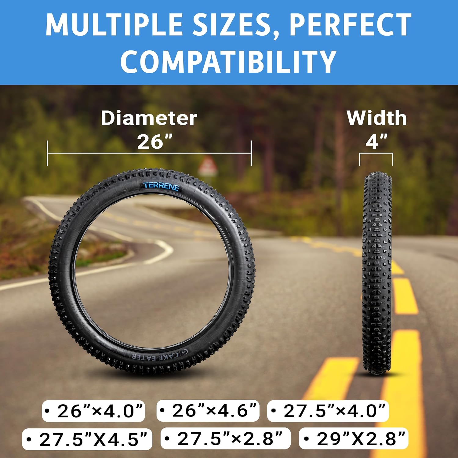 Fat Bike Tire by Terrene - Cake Eater Tubeless, Stud Capable, Fast Rolling Fat Tire - All Season Bike Accessories for Fat Tire and E-Bikes