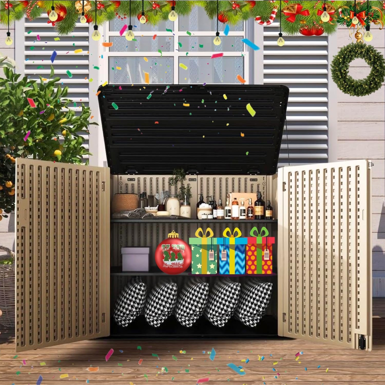 ZZM Large Outdoor Storage Shed, 48 Cu Ft Resin Versatile Storage Cabinet for Patio Accessories, Trash Cans & Garden Tools, Durable Horizontal Storage Box with Lockable Lid (Coffee)
