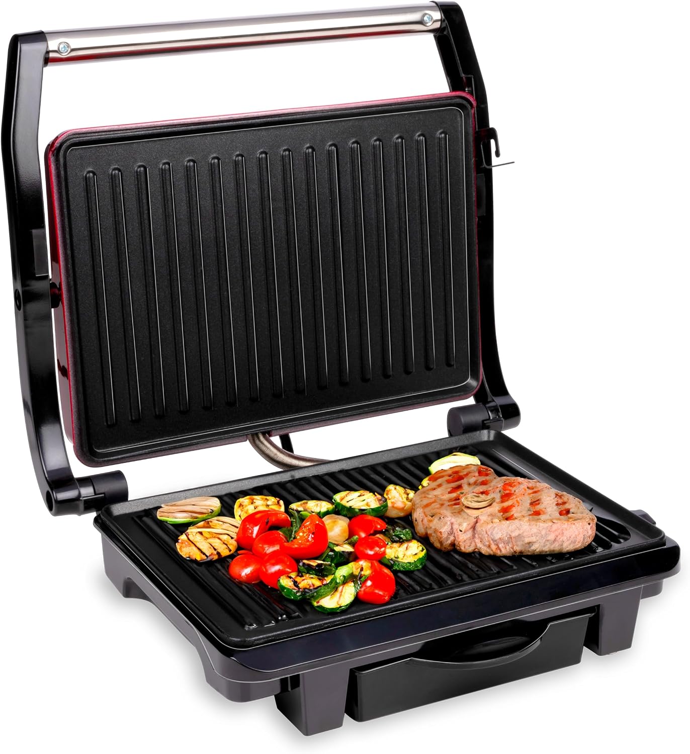 ALPINA 8711252252773 Contact Grill - 230V/1000W - Sandwich maker - Panini Grill - Vegetable, Bread and Meat - Non-stick - Drip tray - Black/Red