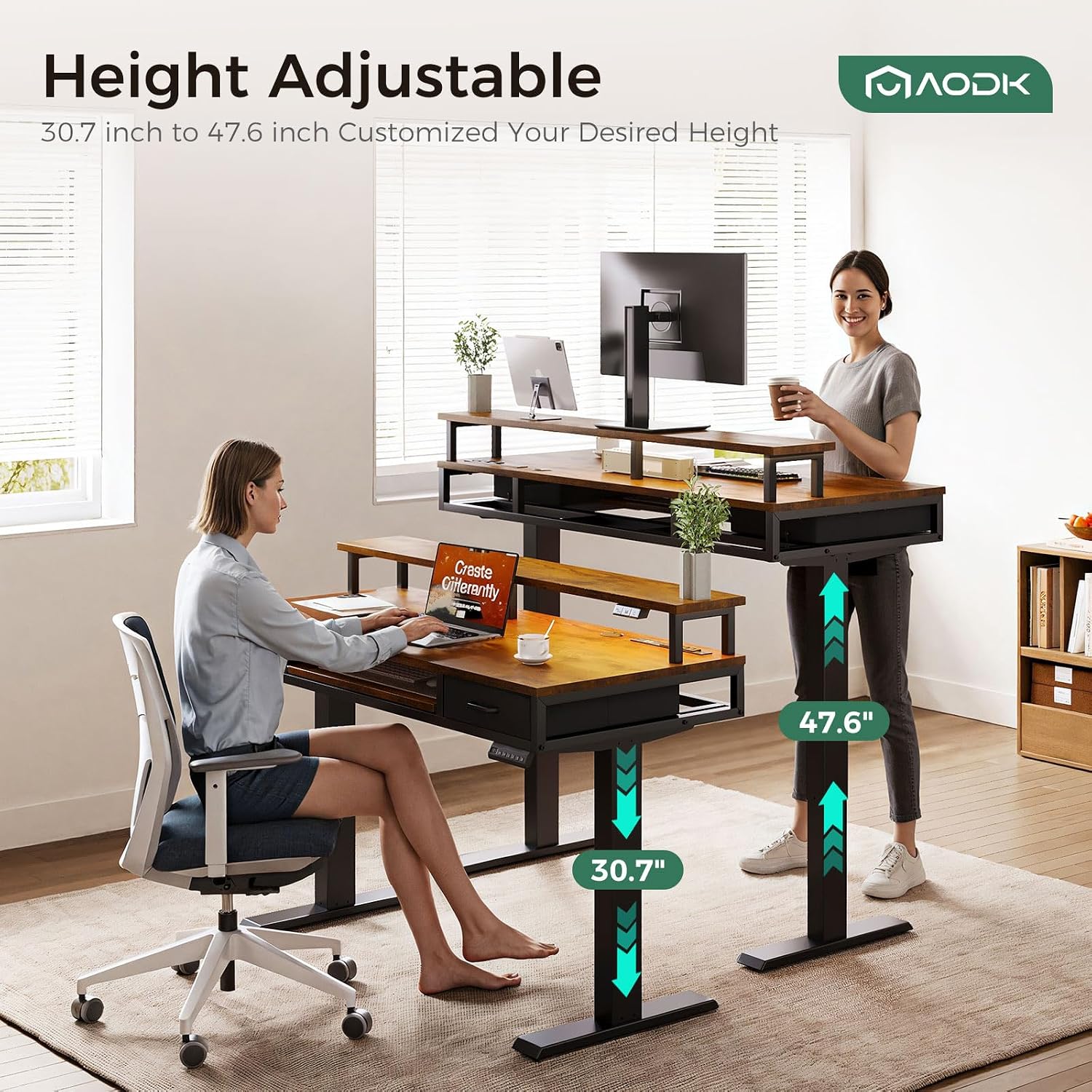 AODK Electric Standing Desk with Drawers & Keyboard Tray, 63 Inch Height Adjustable Gaming Desk with Power Outlets & LED Lights, Sit Stand Table with Monitor Stand for Home, Office, Rustic Brown