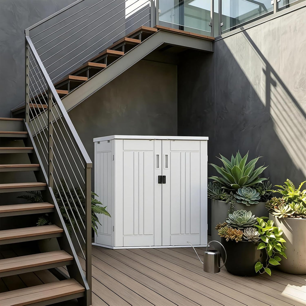 Outdoor Storage Cabinet with 2 Shelves, Waterproof Resin Vertical Tool Shed, Lockable 15 cu. ft. Storage Shed for Patio, Garden, Yard, Dark White