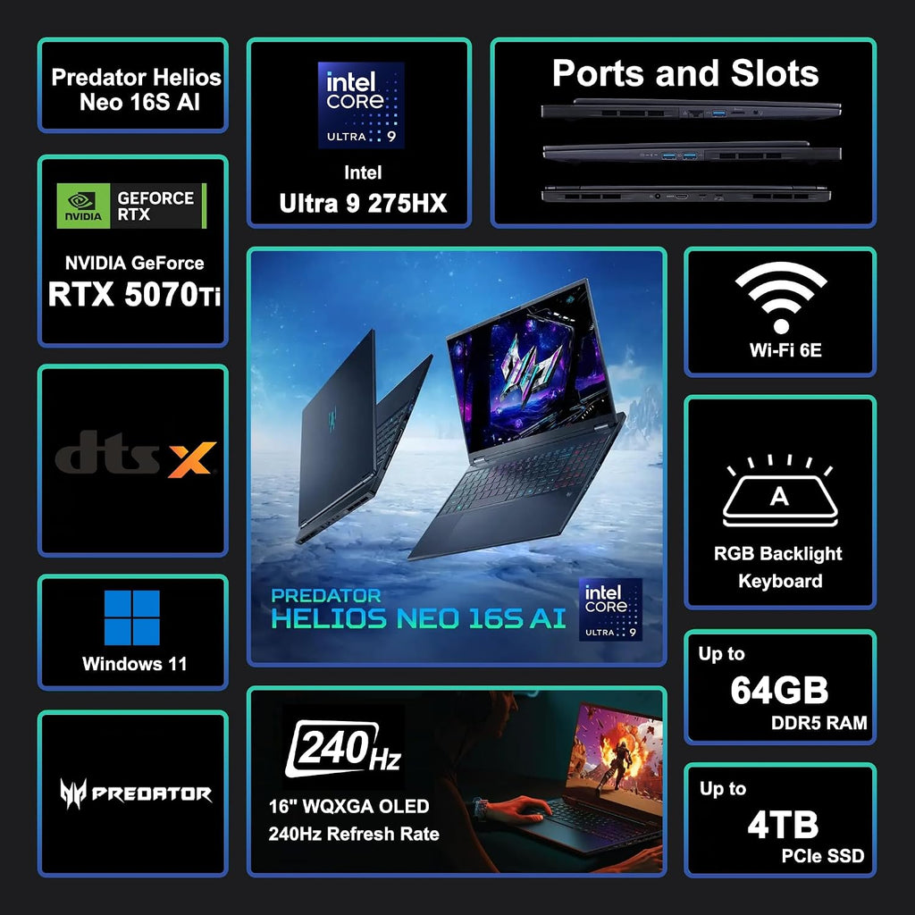 acer Predator Helios Neo 16S AI Gaming Laptop 16' 2560x1600 OLED 240Hz (100% DCI-P3) Intel 24-core Ultra 9 275HX 32GB RAM 1TB SSD GeForce RTX 5070 Ti DLSS4 (Up to 992 AI Tops) Win11 ICP Hub