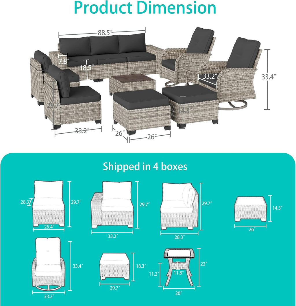 11 PCS Outdoor Patio Furniture Set with Wicker Swivel Rocker Chairs Sectional Sofa Set, Patio Conversation Set with Ottomans & Coffee Table for Garden, Backyard, Poolside, Dark Grey