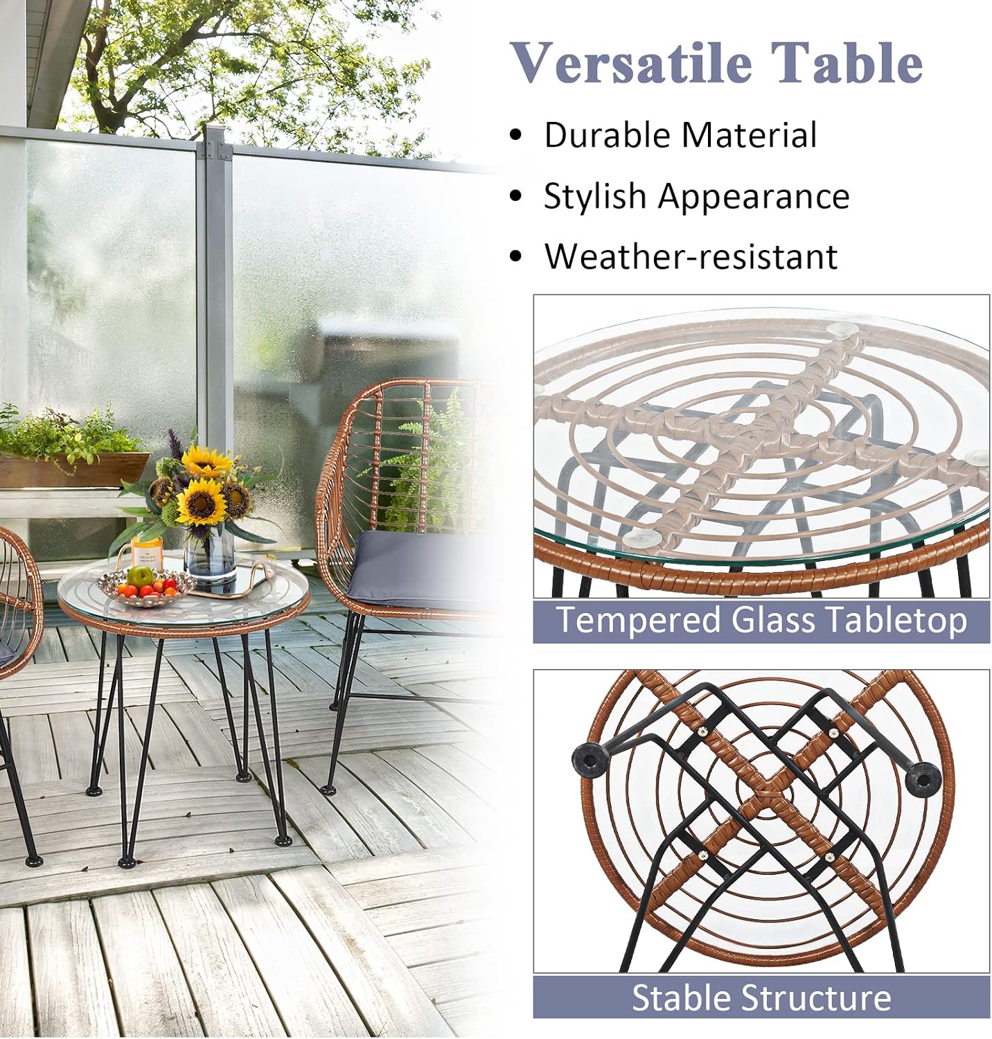 COSTWAY 3 Pieces Patio Bistro Set, Outdoor Rattan Conversation Seating Chair Set with Coffee Table & Soft Cushions, Indoor Wicker Furniture Set for Garden, Balcony, Porch, Pool, Gray