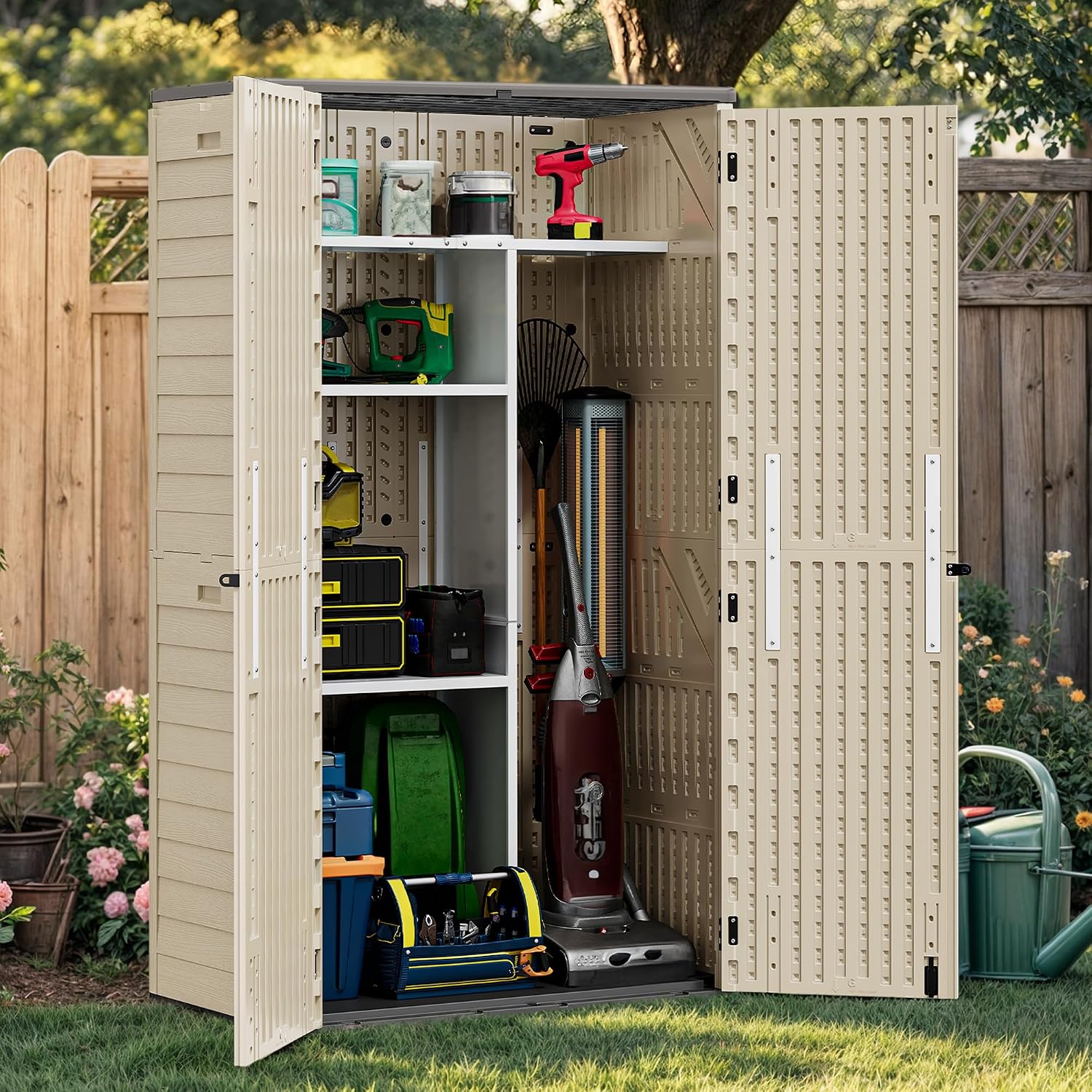 YITAHOME 60 cu ft Tall Outdoor Storage Shed w/o Shelf, Resin Vertical Outdoor Storage Shed, Large Waterproof Storage Cabinet for Garage, Poolside, and Garden (Khaki + Black)