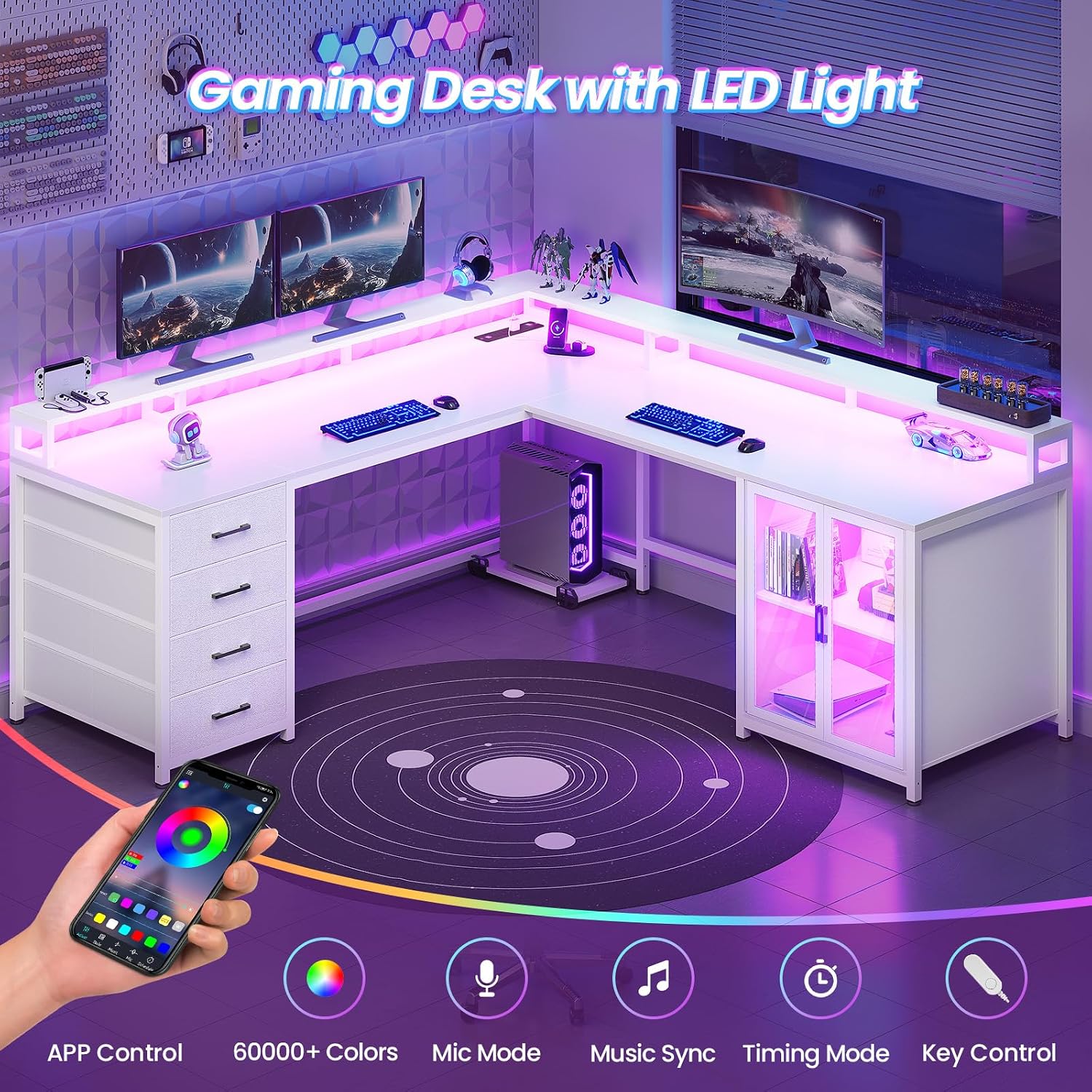 SEDETA L Shaped Gaming Desk with 4 Drawers, 109' Computer Desk with Display Cabinet, Home Office Desks with 2 Monitor Stands, CPU Stand, LED Lights and Power Outlet, White