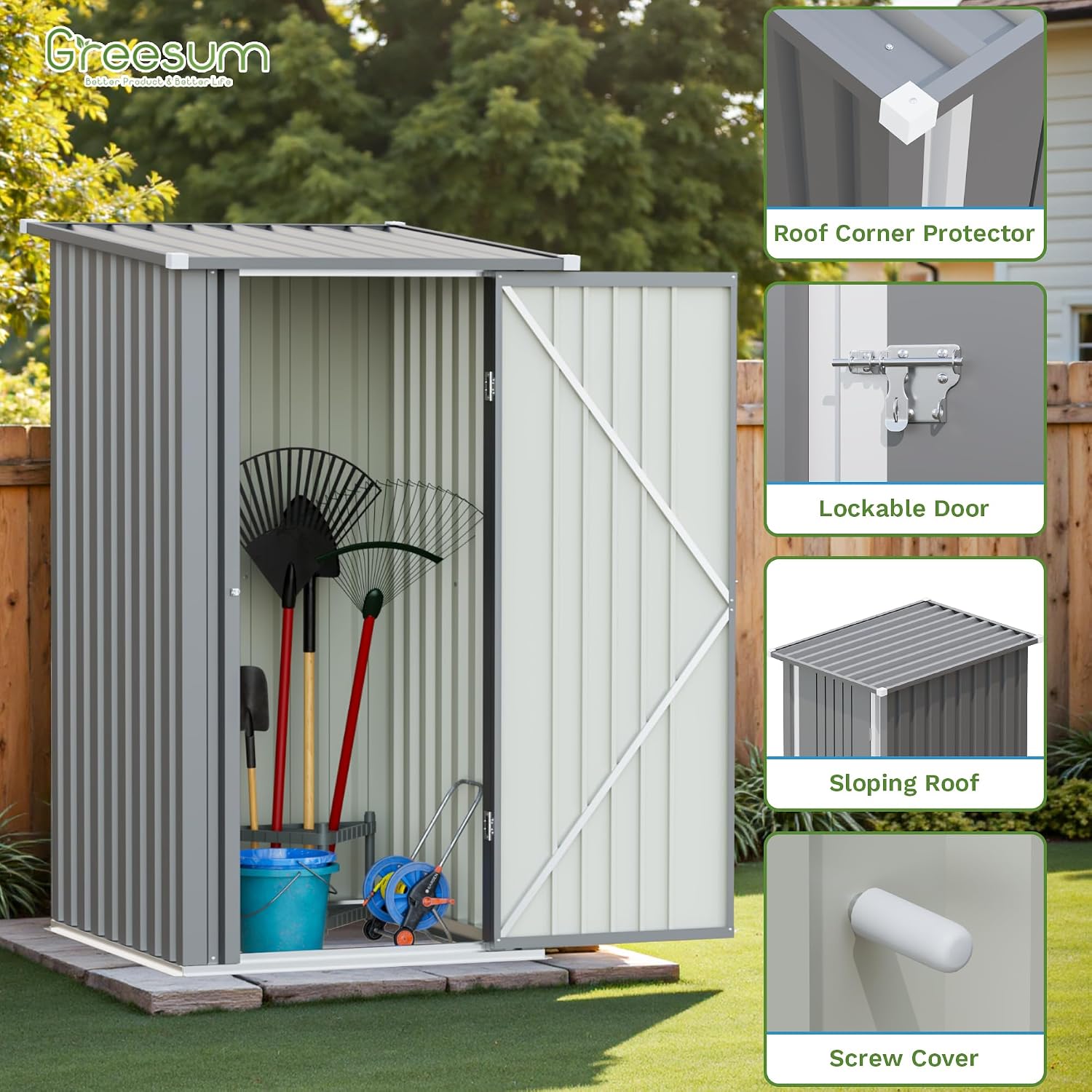Greesum 3x3FT Outdoor Storage Shed, Small Metal Storaged Sheds with Lockable Doors, Sheds & Outdoor Storage for Backyard, Pool and Garden, Gray