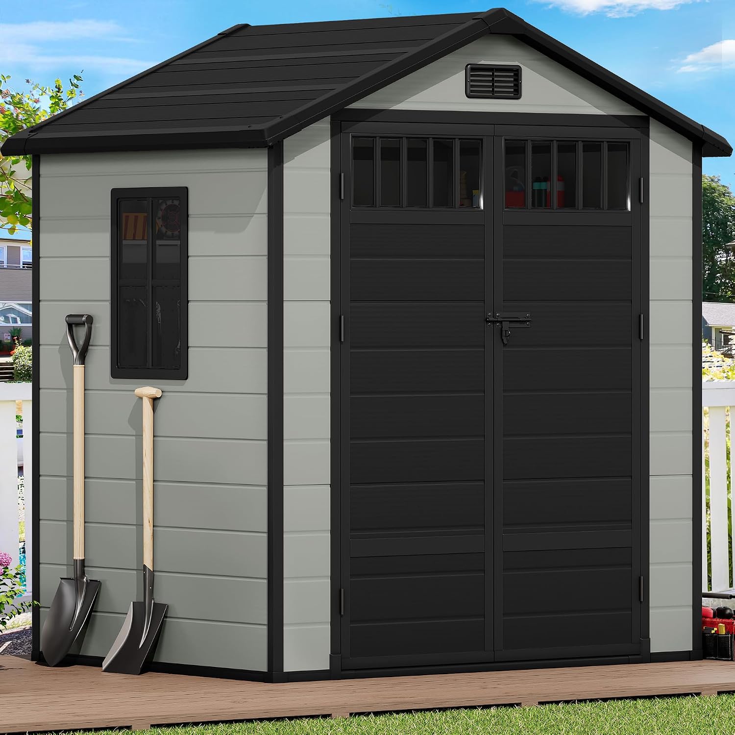 DWVO 6x4.4 FT Resin Storage Shed with Fence-Style and Side Windows, Lockable Door, and Vents for Garden, Backyard, Patio, Lawn, Blue-Gray