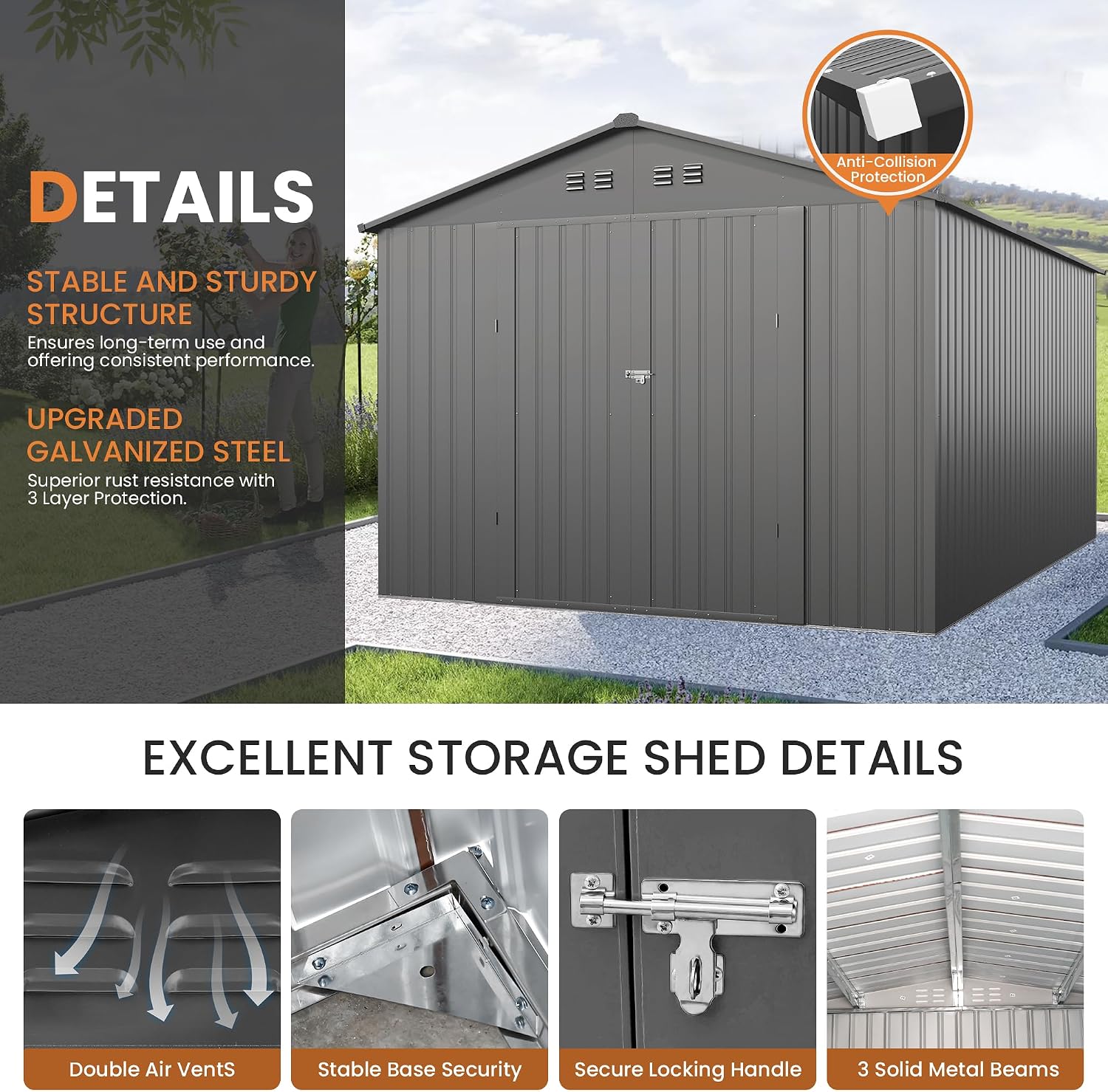 10x12 FT Metal Storage Shed Updated Frame Structure Outdoor Storage Shed Large with Double Lockable Doors, Steel Anti-Corrosion Tool Sheds Waterproof for Backyard, Pool, Patio, Light Gray