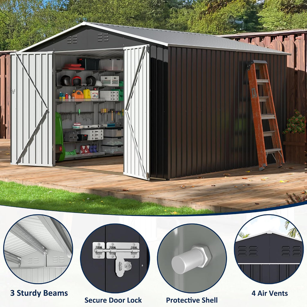 AirWire 10x10 FT Storage Shed, Garden Shed with Updated Frame Structure and Lockable Doors, Metal Tool Sheds for Backyard Garden Patio Lawn, Grey