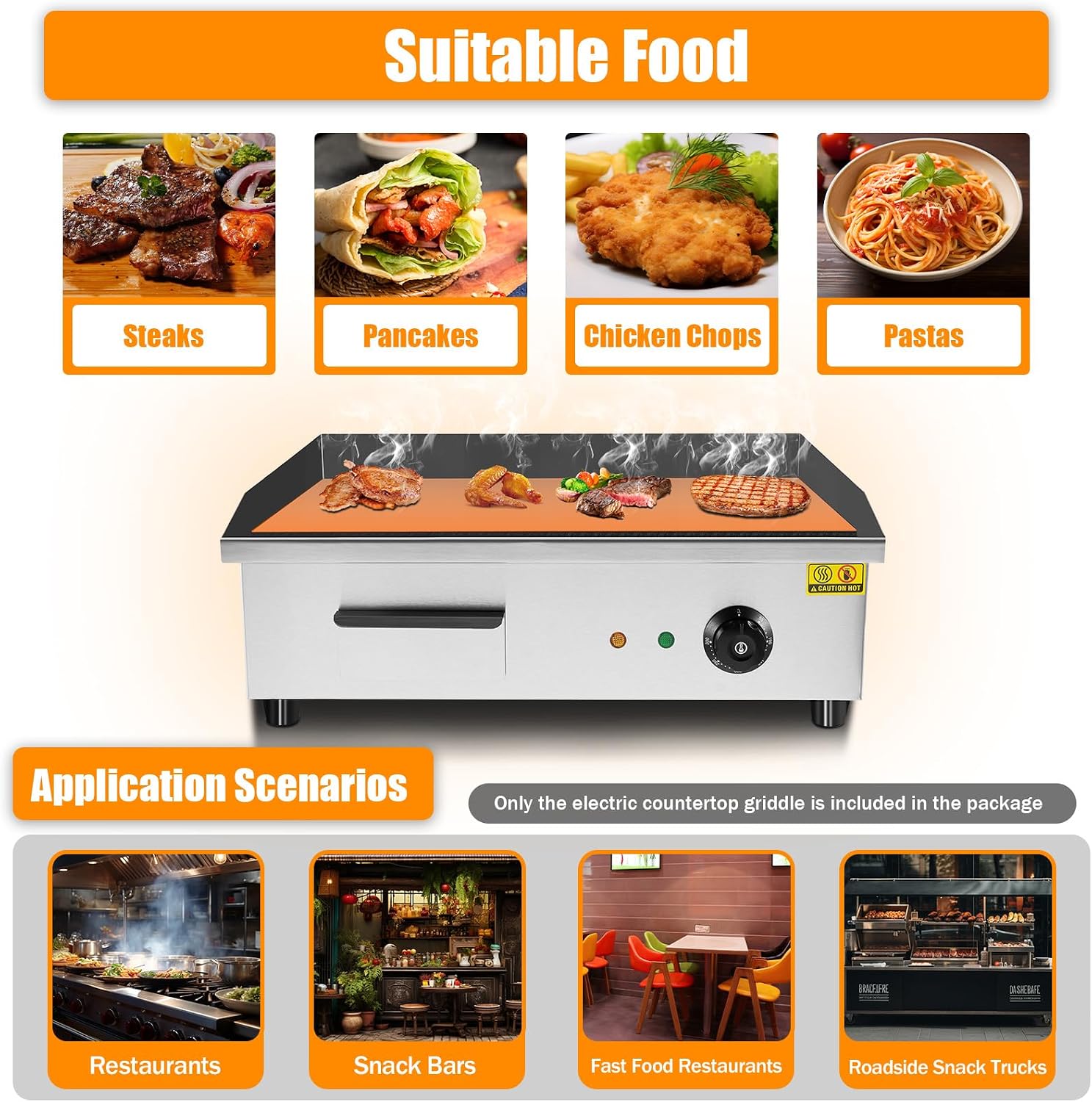 22' 3000W Commercial Countertop Electric Grill Pan, Flat Bottom Grill, Stainless Steel Hot Plate Grill, Adjustable Thermostat Control Restaurant Grill
