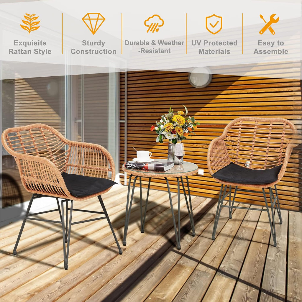 PROHIKER 3 Pieces Outdoor Wicker Bistro Patio Furniture Set, Porch Furniture Rattan Conversation Sets with Side Table and Cushions for Garden Poolside Backyard, Yellow/Black