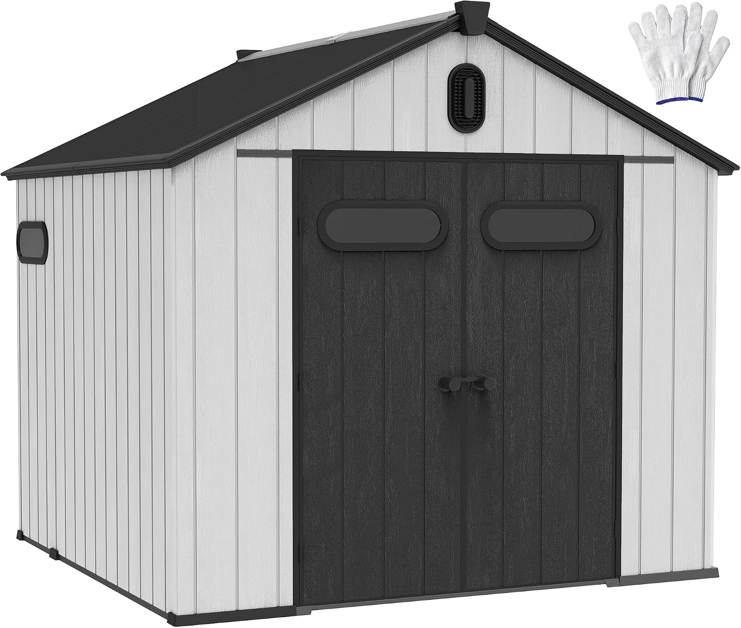 DWVO 8x8 FT Outdoor Storage Shed, Large Extra Thick Plastic Storage Shed with Oval Vision Windows & Lockable Door, 16mm Heavy Duty Outside Garden Shed with Floor & Vents for Patio Tool, Black&Gray