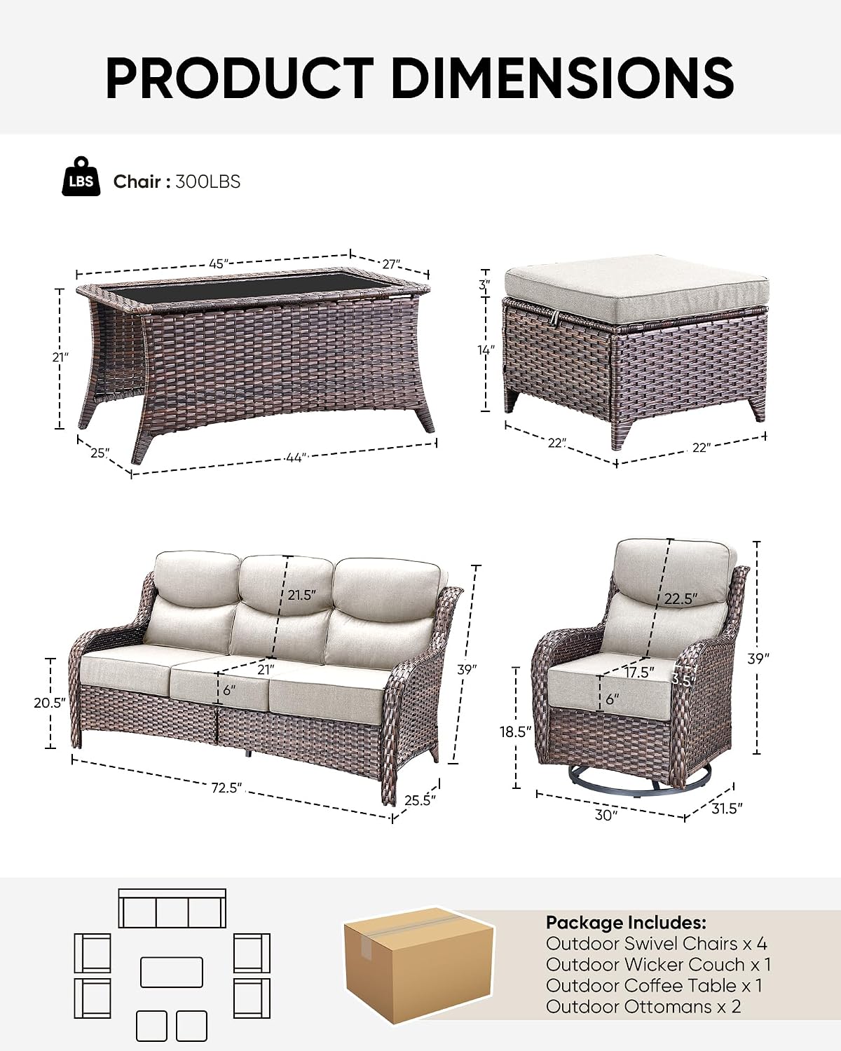 HUMMUH Wicker Patio Furniture Set 6 Inch Thick Cushion Outdoor Swivel Rocker Patio Chairs with Deep Seat Sofa 6PCS Outdoor Furniture Set for Porch Garden Deck