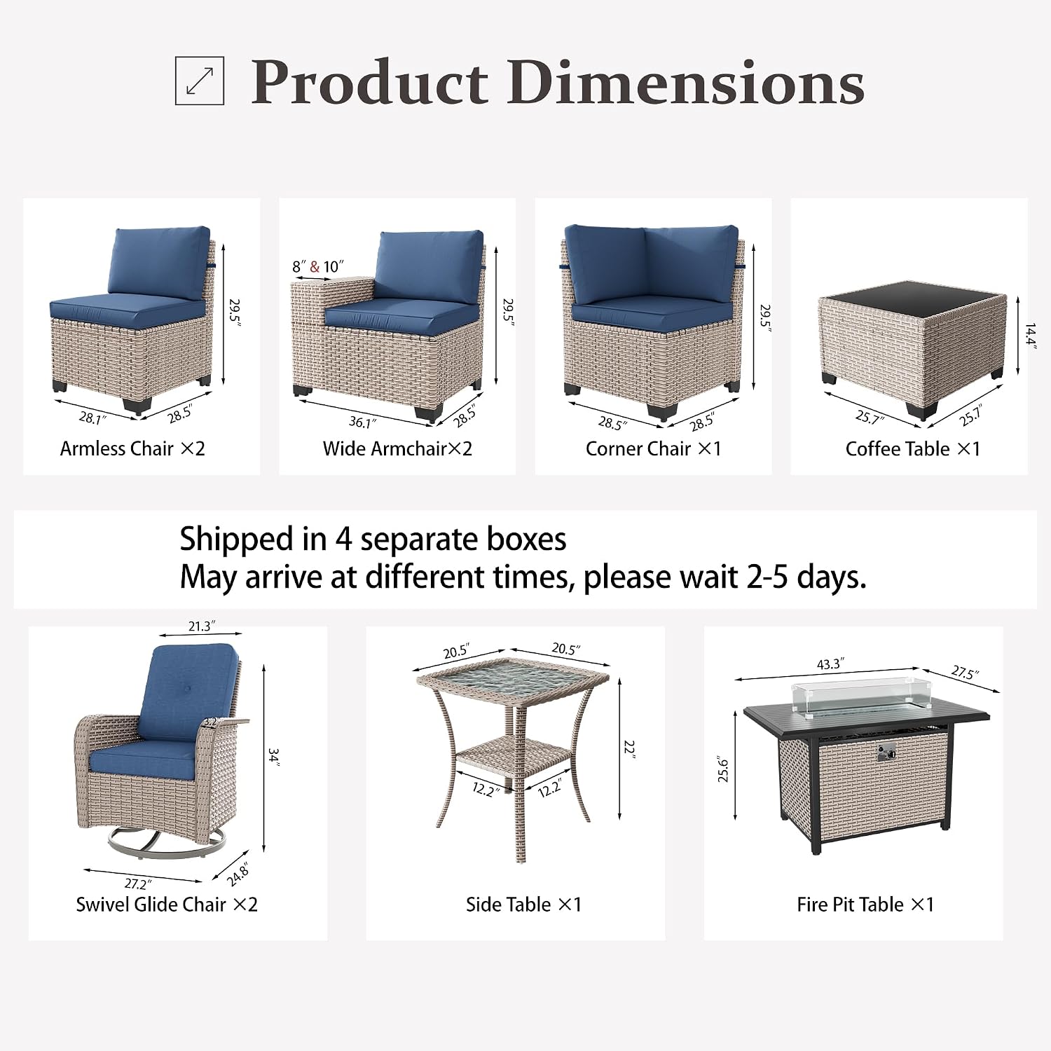 10 Pieces Patio Furniture Set with Fire Pit Table, Outdoor Sectional Wicker Sofa with Thick Cushions, High Back Swivel Rocker Patio Chairs, Rattan Conversation Set with Coffee Table, Navy