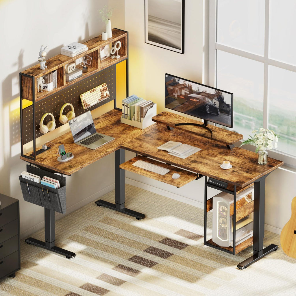 Flycity Electric L Shaped Standing Desk Adjustable Height, 67' x 47' Corner Computer Desk with Host Shelf, Gaming Desk with LED Lights & Power Outlet, Dual Motor Home Office Desk with Storage, Brown