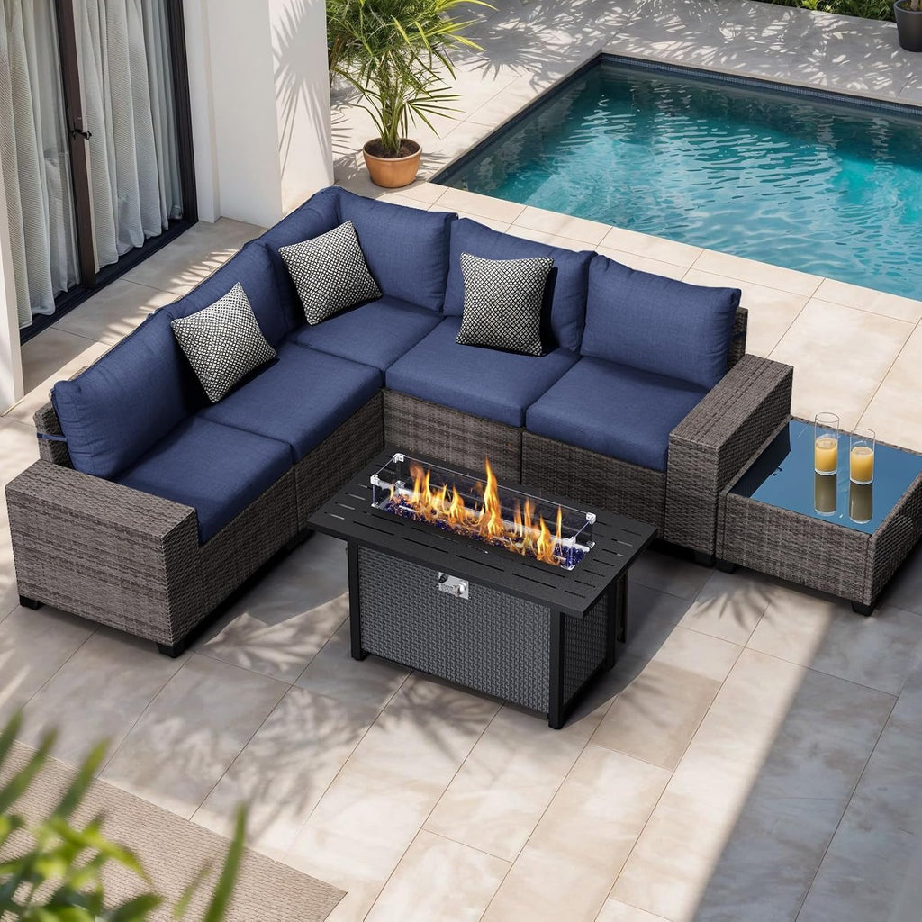 JOIVI 7 Pieces Outdoor Patio Furniture Set with 45' 50000BTU Fire Pit Table, Rattan Patio Conversation Set with Coffee Table, L-Shaped Sectional Sofa and Propane Fire Pit Set, Navy Blue