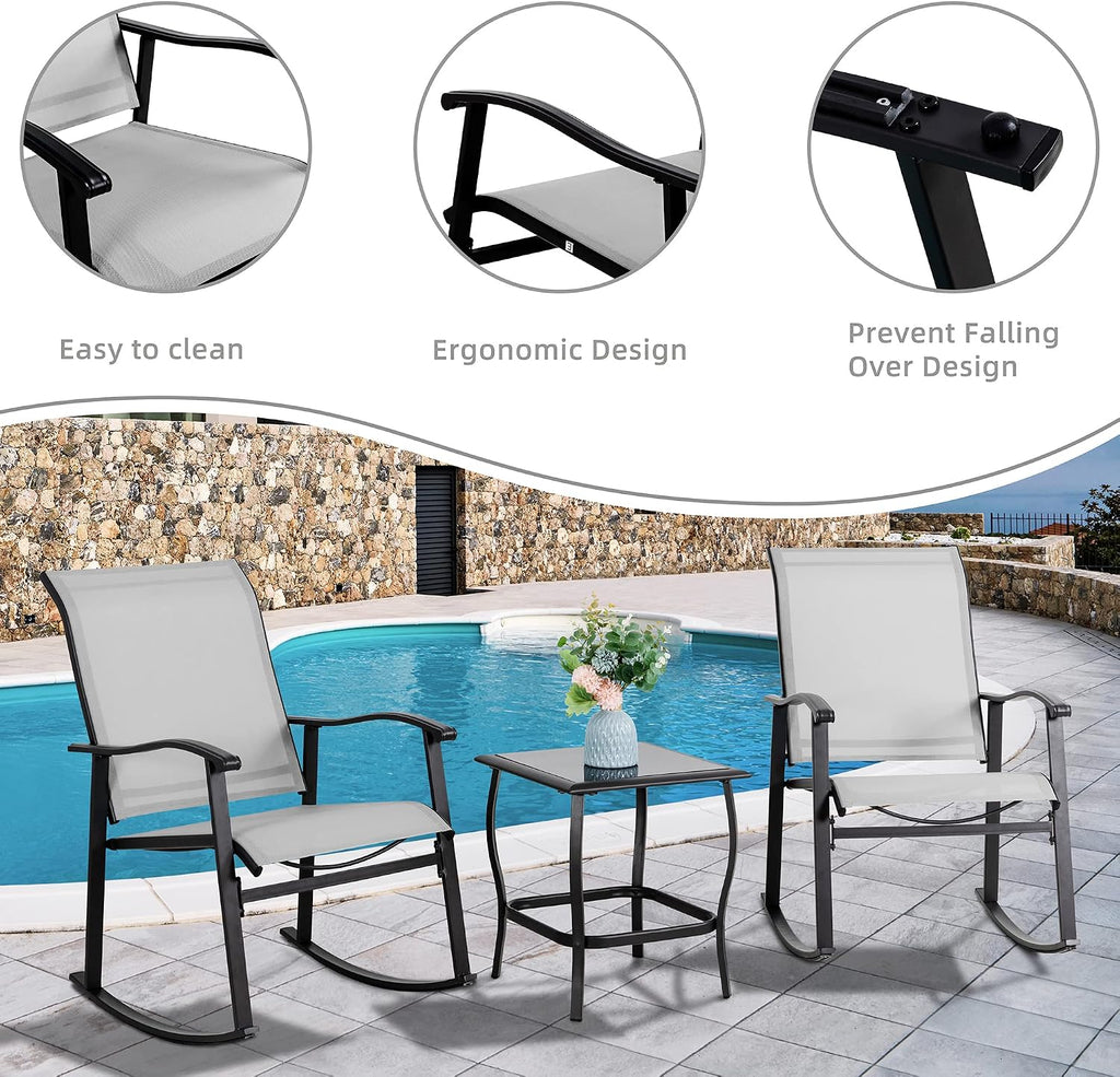 Vongrasig 3 Piece Outdoor Rocking Bistro Set, Textilene Fabric Small Patio Furniture Set, Front Porch Rocker Chairs Conversation Set with Glass Table for Lawn, Garden, Balcony, Poolside (Light Gray)
