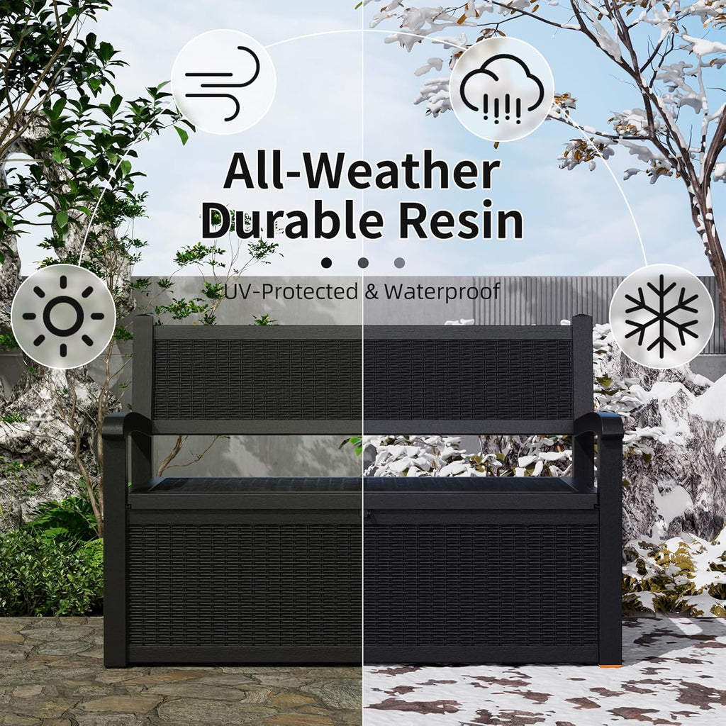 EasyUp 80 Gallon Outdoor Storage Bench Lockable Deck Box Outdoor Storage Box Waterproof for Patio,Garden,and Porch – Perfect for Storing Garden Tools and Cushions(Black)