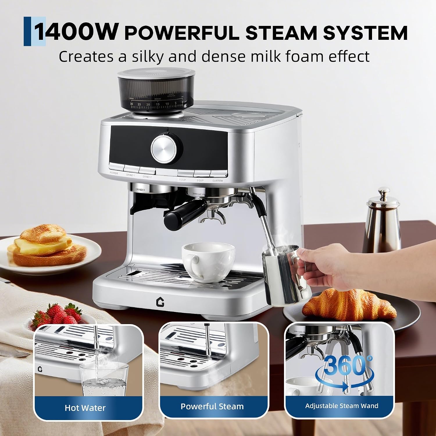 TROPOW Espresso Machine with Grinder - 20 Bar Pressure Professional, Stainless Steel Coffee Maker with Milk Frother, 1.5l Removable Water Tank for Latte, Cappuccino, Home & Office